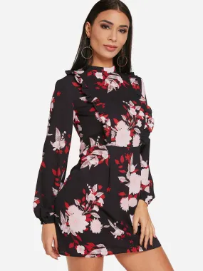 Wholesale Black Crew Neck Long Sleeve Floral Print Dresses