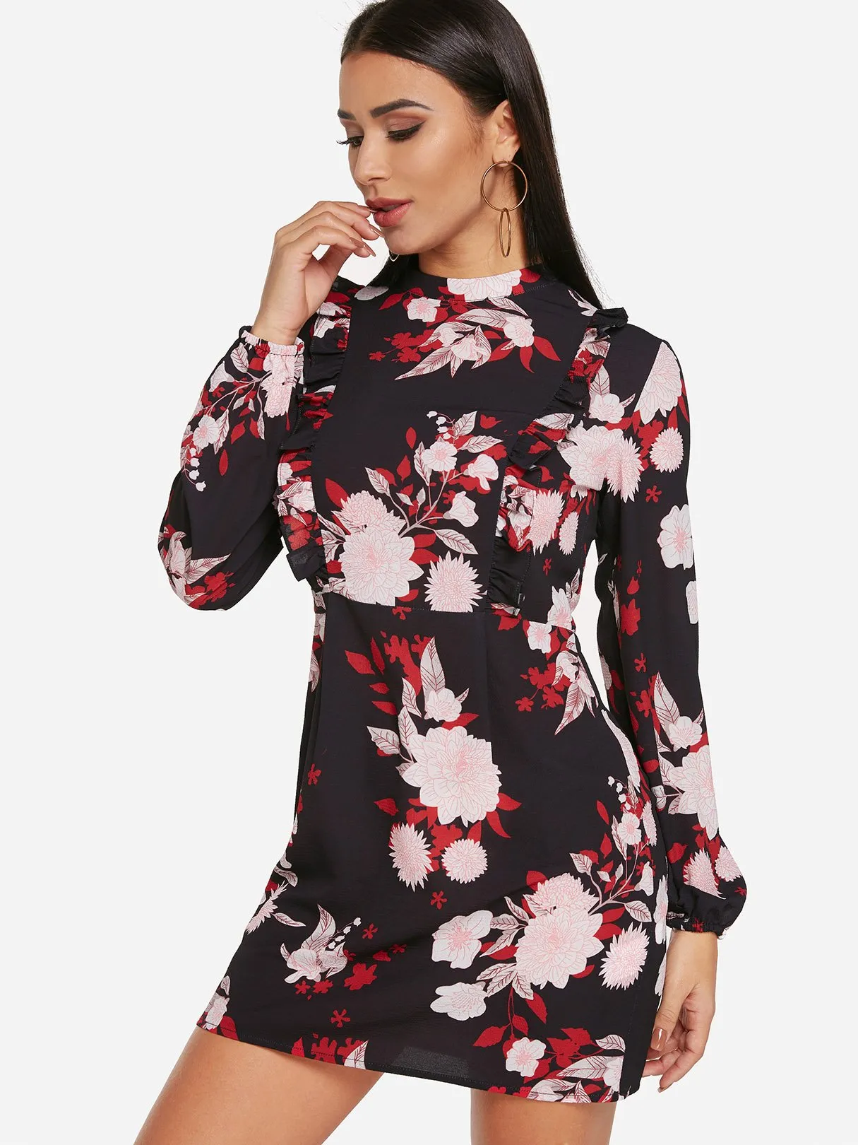 Wholesale Black Crew Neck Long Sleeve Floral Print Dresses