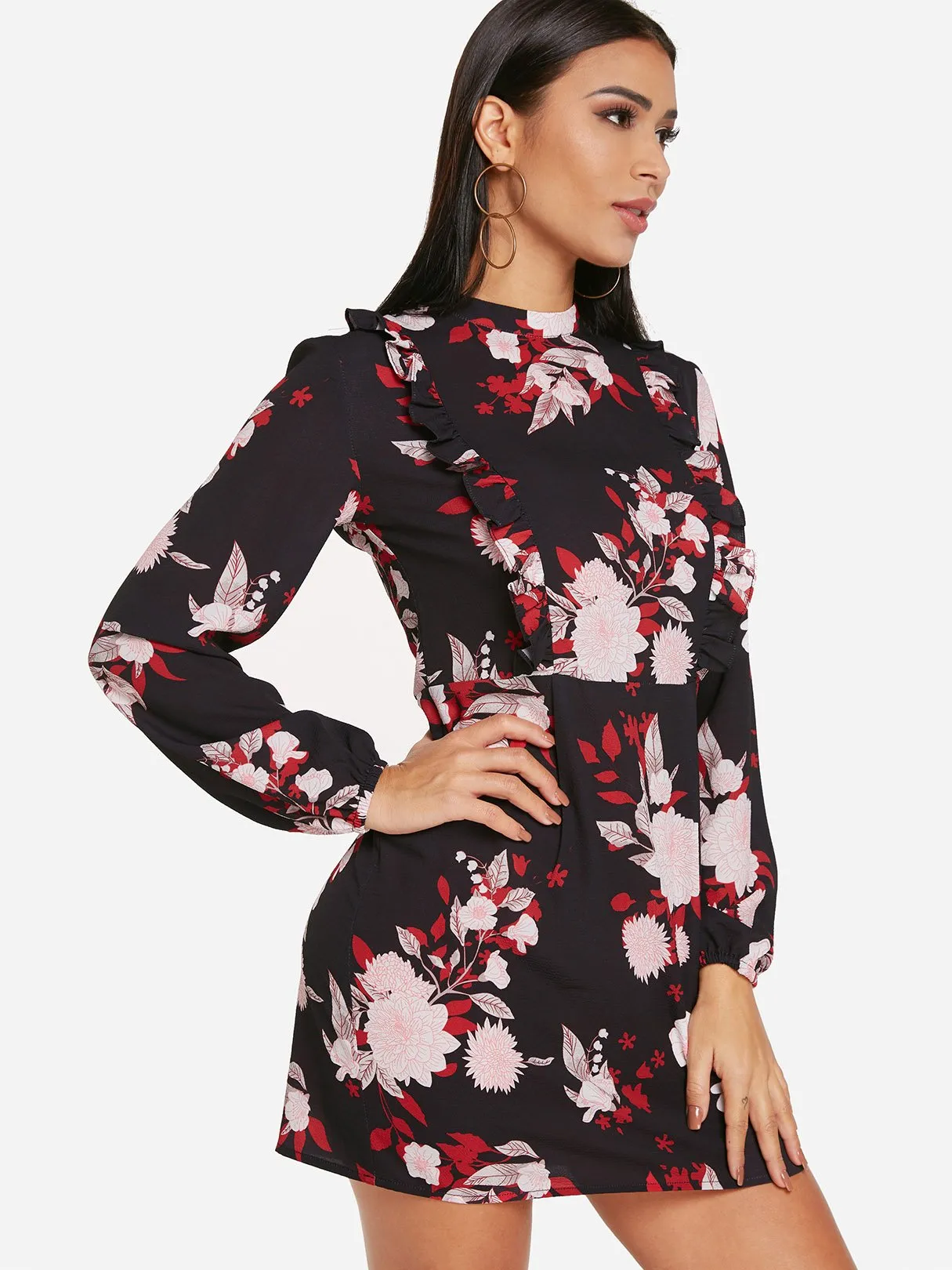 Wholesale Black Crew Neck Long Sleeve Floral Print Dresses