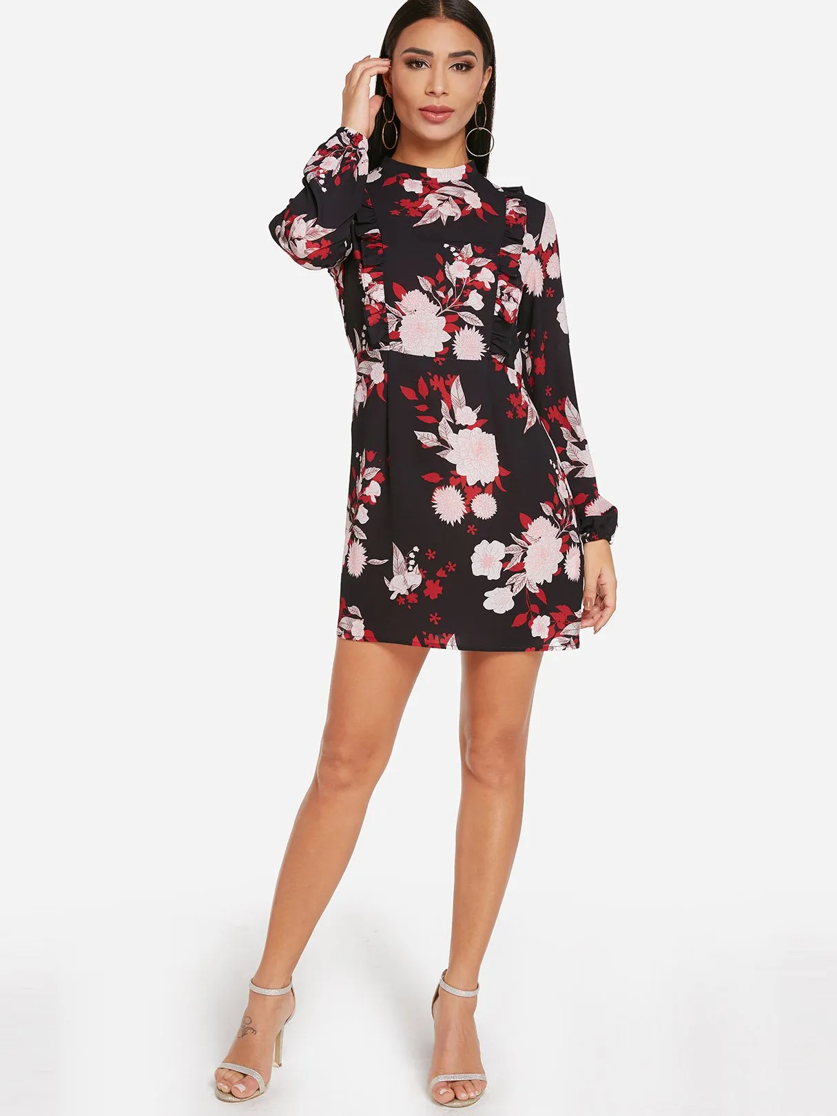 Wholesale Black Crew Neck Long Sleeve Floral Print Dresses