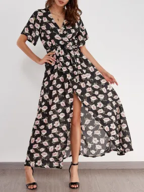 Wholesale Black Deep V Neck Floral Print Short Sleeve Slit Hem Dresses