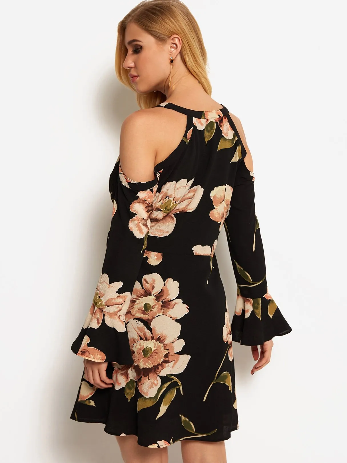 Wholesale Black V-Neck Cold Shoulder Long Sleeve Floral Print Self-Tie Criss-Cross Flounced Hem Dresses