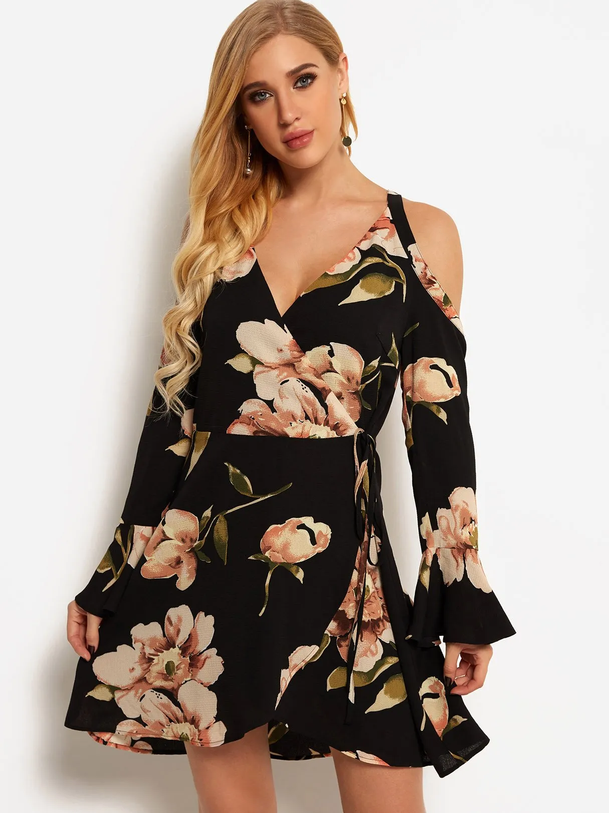 Wholesale Black V-Neck Cold Shoulder Long Sleeve Floral Print Self-Tie Criss-Cross Flounced Hem Dresses