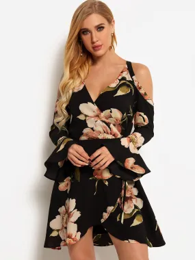 Wholesale Black V-Neck Cold Shoulder Long Sleeve Floral Print Self-Tie Criss-Cross Flounced Hem Dresses