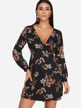 Wholesale Black V-Neck Long Sleeve Floral Print Hollow Self-Tie Wrap Dresses