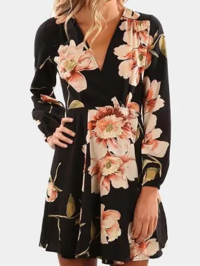 Wholesale Black V-Neck Long Sleeve Floral Print Lace-Up Wrap Dresses