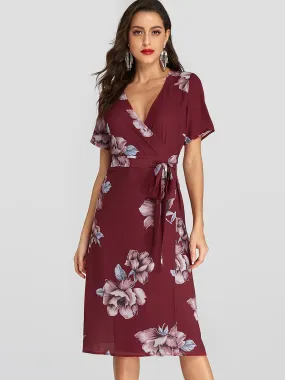 Wholesale Burgundy V-Neck Short Sleeve Floral Print Crossed Front Belt Wrap Dresses