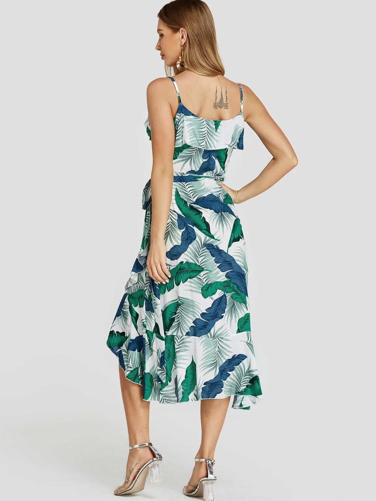 Wholesale Green V-Neck Sleeveless Floral Print Self-Tie Wrap Flounced Hem Dresses