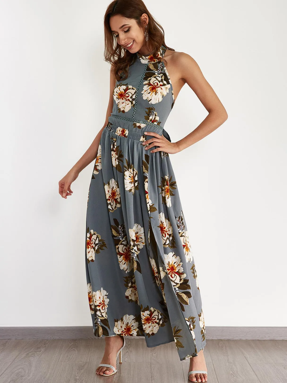 Wholesale Grey Halter Sleeveless Floral Print Backless Self-Tie Slit Hem Dresses