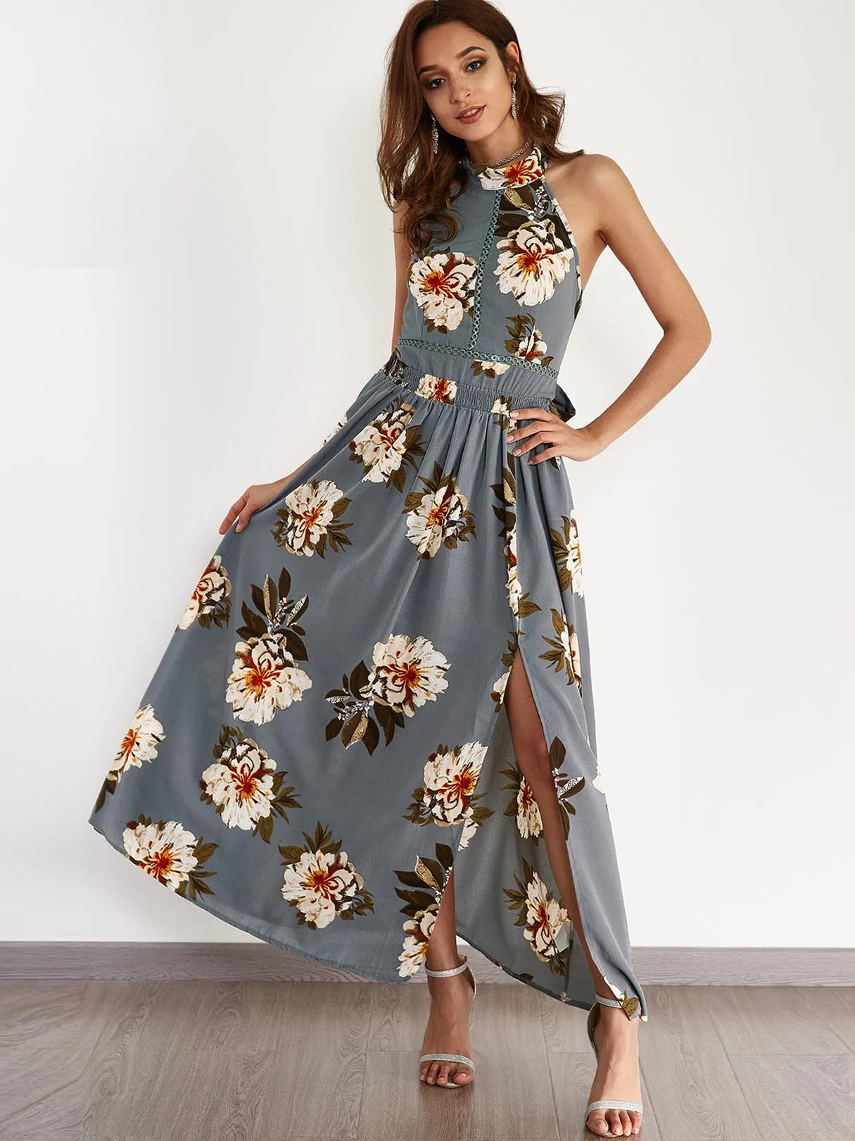 Wholesale Grey Halter Sleeveless Floral Print Backless Self-Tie Slit Hem Dresses