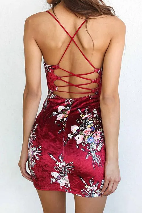 Wholesale Halter V-Neck Floral Print Backless Sleeveless Red Dresses