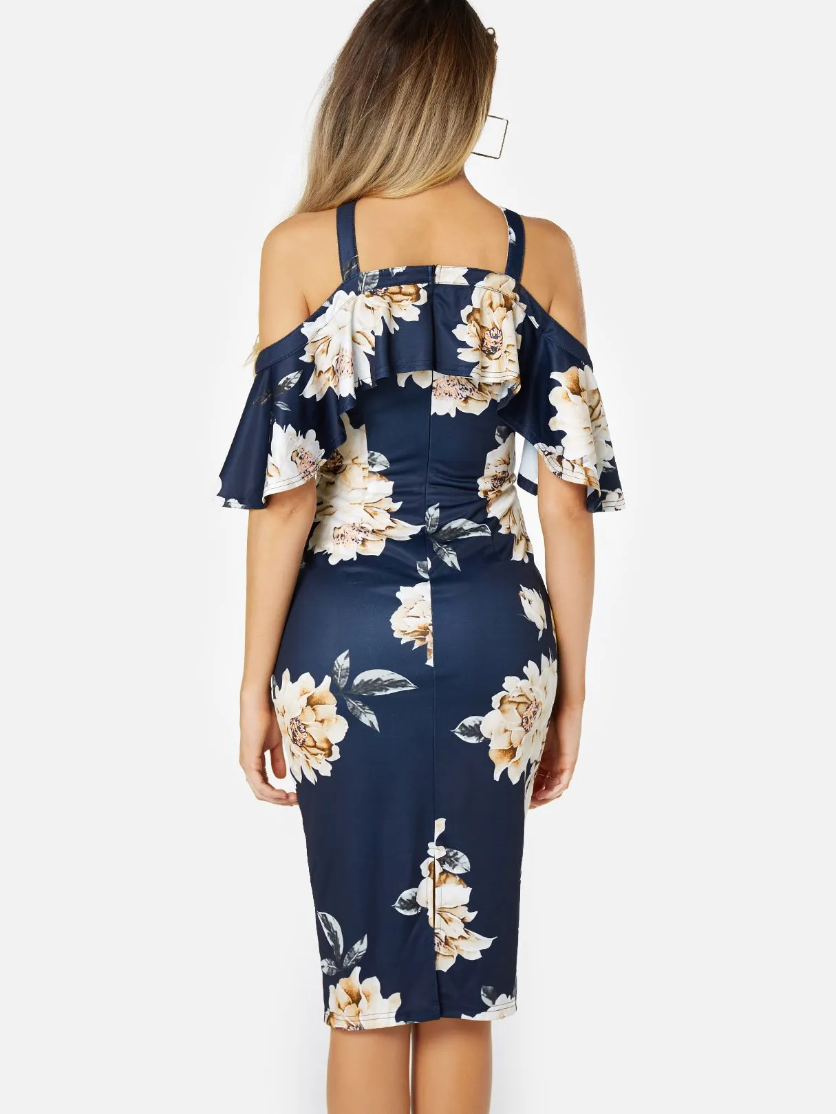 Wholesale Navy Half Sleeve Floral Print Slit Hem Dresses