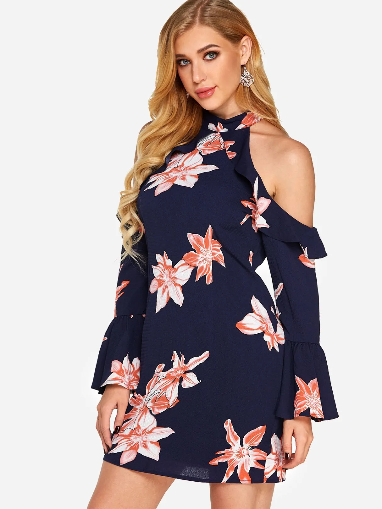 Wholesale Navy Halter Long Sleeve Floral Print Zip Back Dresses