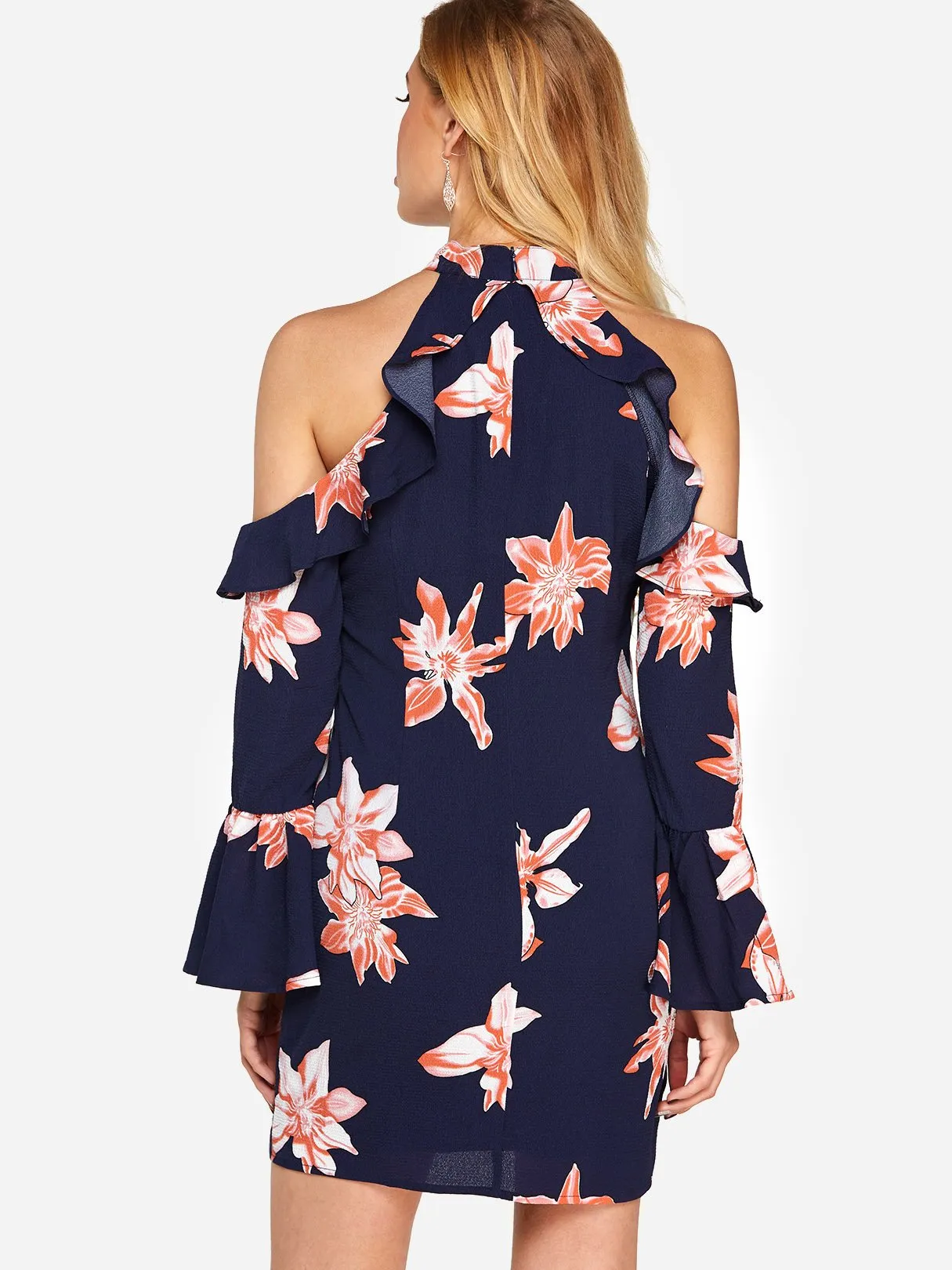 Wholesale Navy Halter Long Sleeve Floral Print Zip Back Dresses