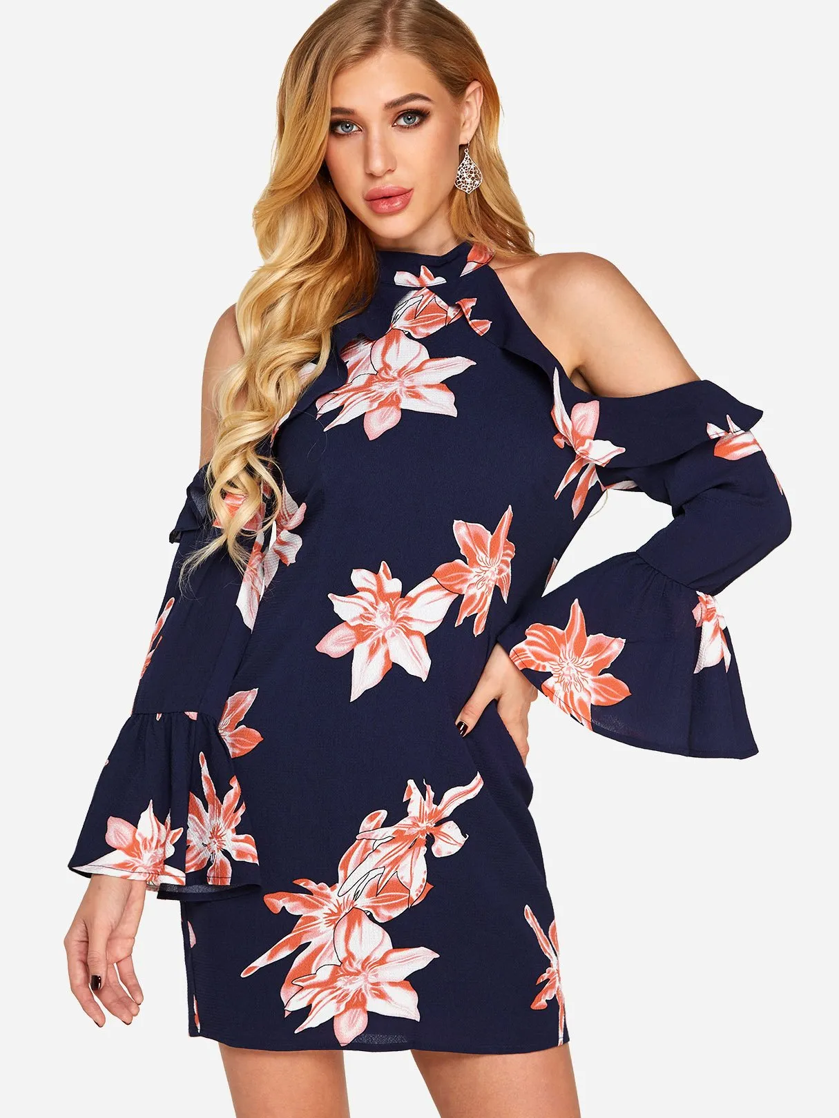 Wholesale Navy Halter Long Sleeve Floral Print Zip Back Dresses