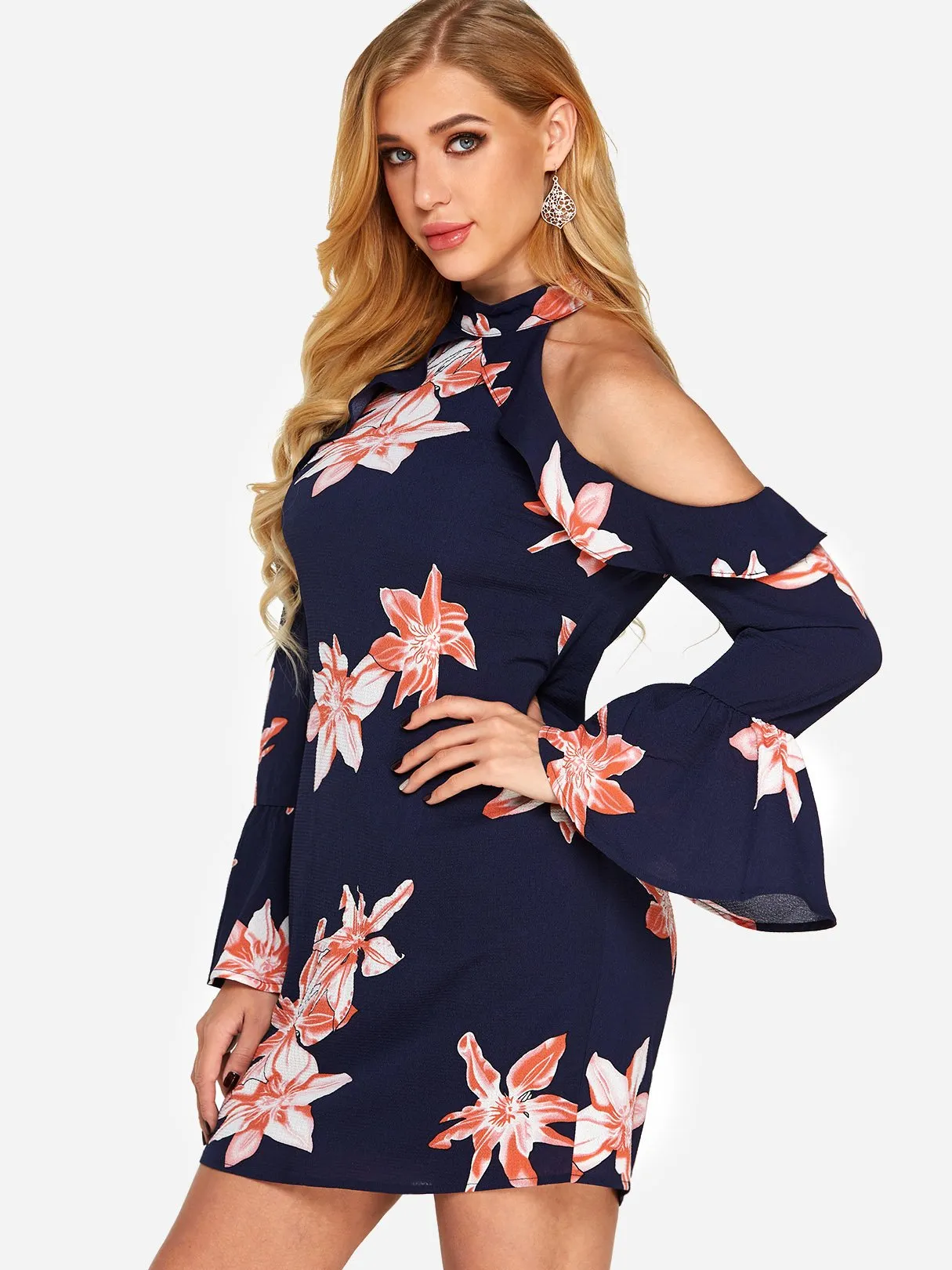 Wholesale Navy Halter Long Sleeve Floral Print Zip Back Dresses