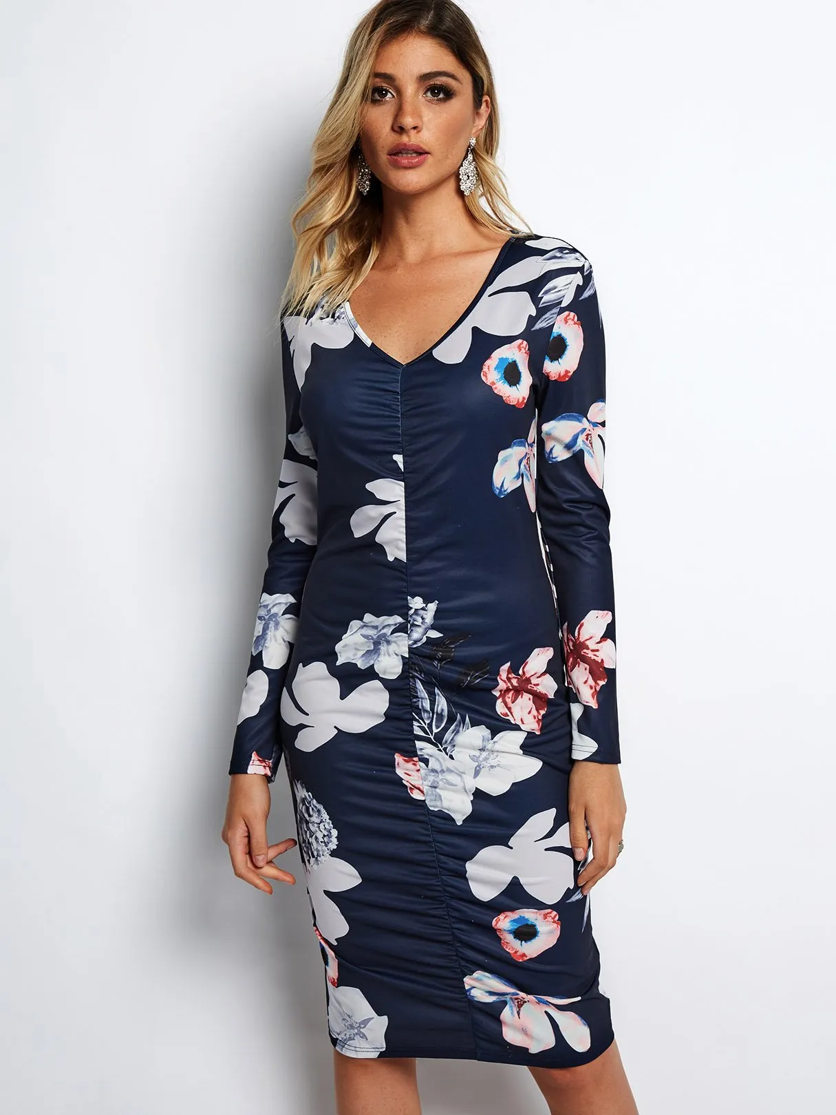 Wholesale Navy V-Neck Long Sleeve Floral Print Pleated Dresses