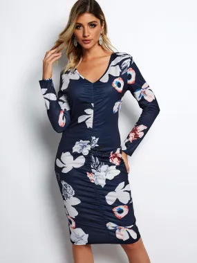 Wholesale Navy V-Neck Long Sleeve Floral Print Pleated Dresses