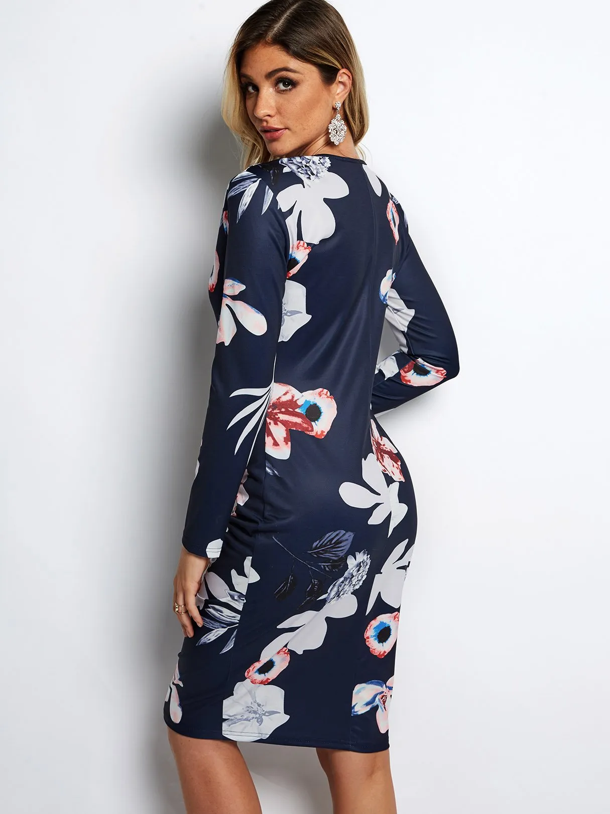 Wholesale Navy V-Neck Long Sleeve Floral Print Pleated Dresses