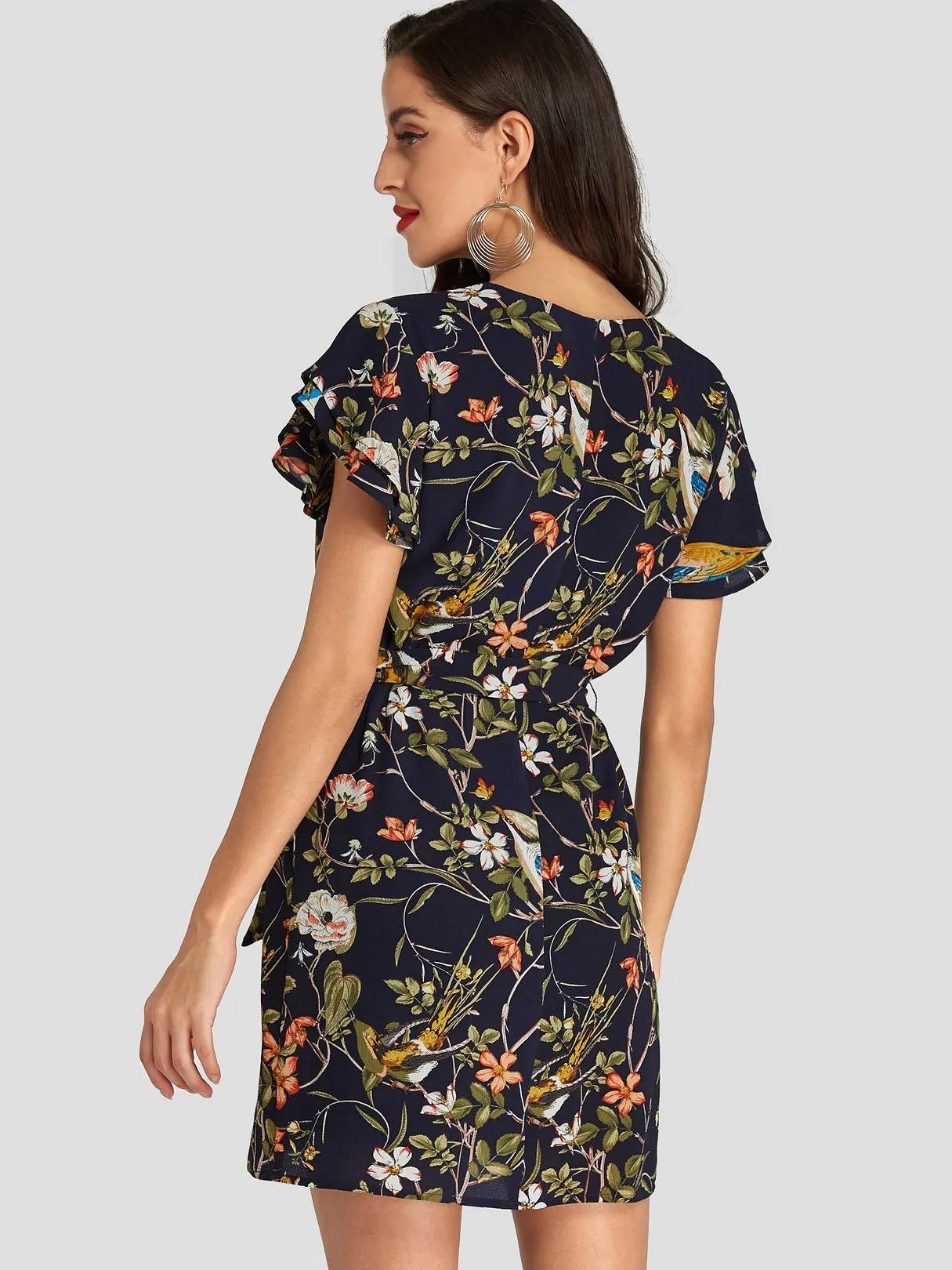 Wholesale Navy V-Neck Short Sleeve Floral Print Belt Self-Tie Dresses