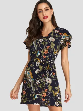 Wholesale Navy V-Neck Short Sleeve Floral Print Belt Self-Tie Dresses