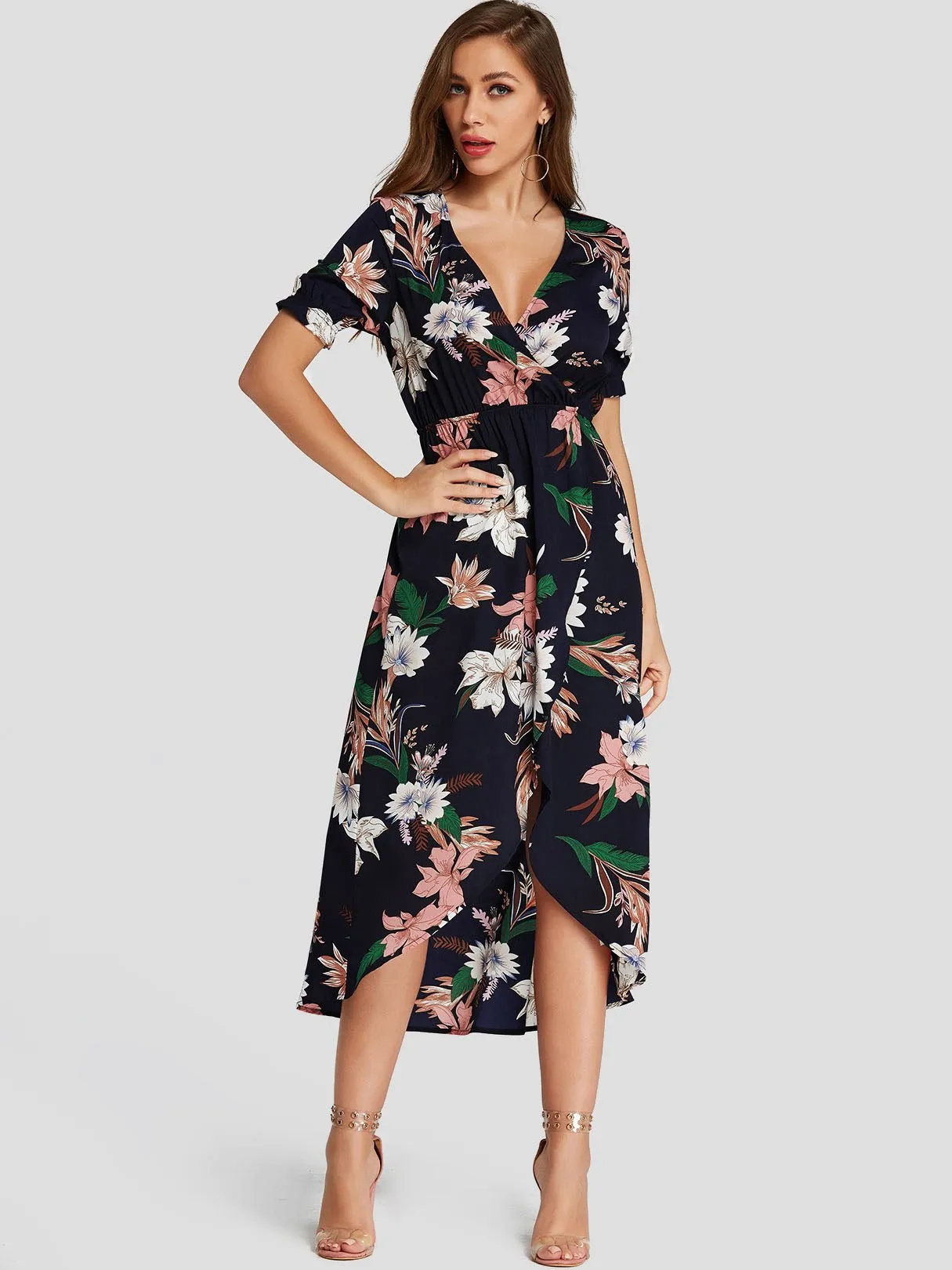 Wholesale Navy V-Neck Short Sleeve Floral Print Wrap Curved Hem Dresses