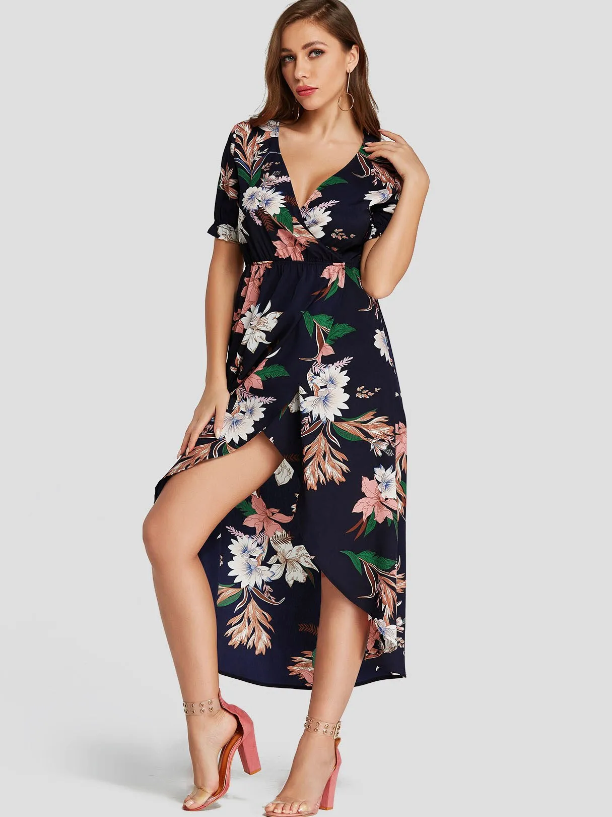 Wholesale Navy V-Neck Short Sleeve Floral Print Wrap Curved Hem Dresses