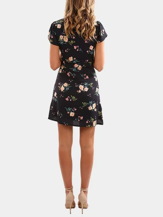 Wholesale Navy V-Neck Short Sleeve Floral Print Wrap Irregular Hem Dresses