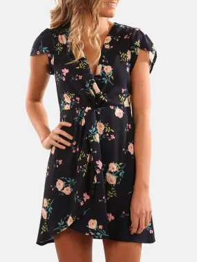 Wholesale Navy V-Neck Short Sleeve Floral Print Wrap Irregular Hem Dresses