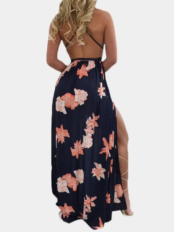 Wholesale Navy V-Neck Sleeveless Floral Print Backless Slit Hem Dress