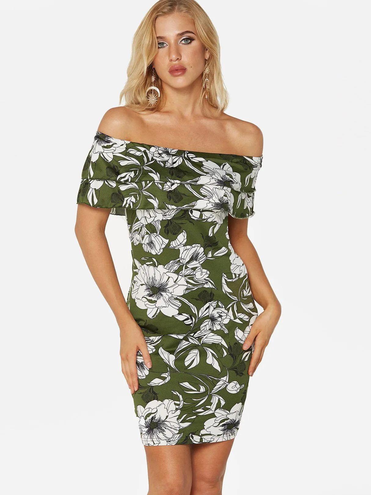 Wholesale Off The Shoulder Short Sleeve Floral Print Bodycon Dresses