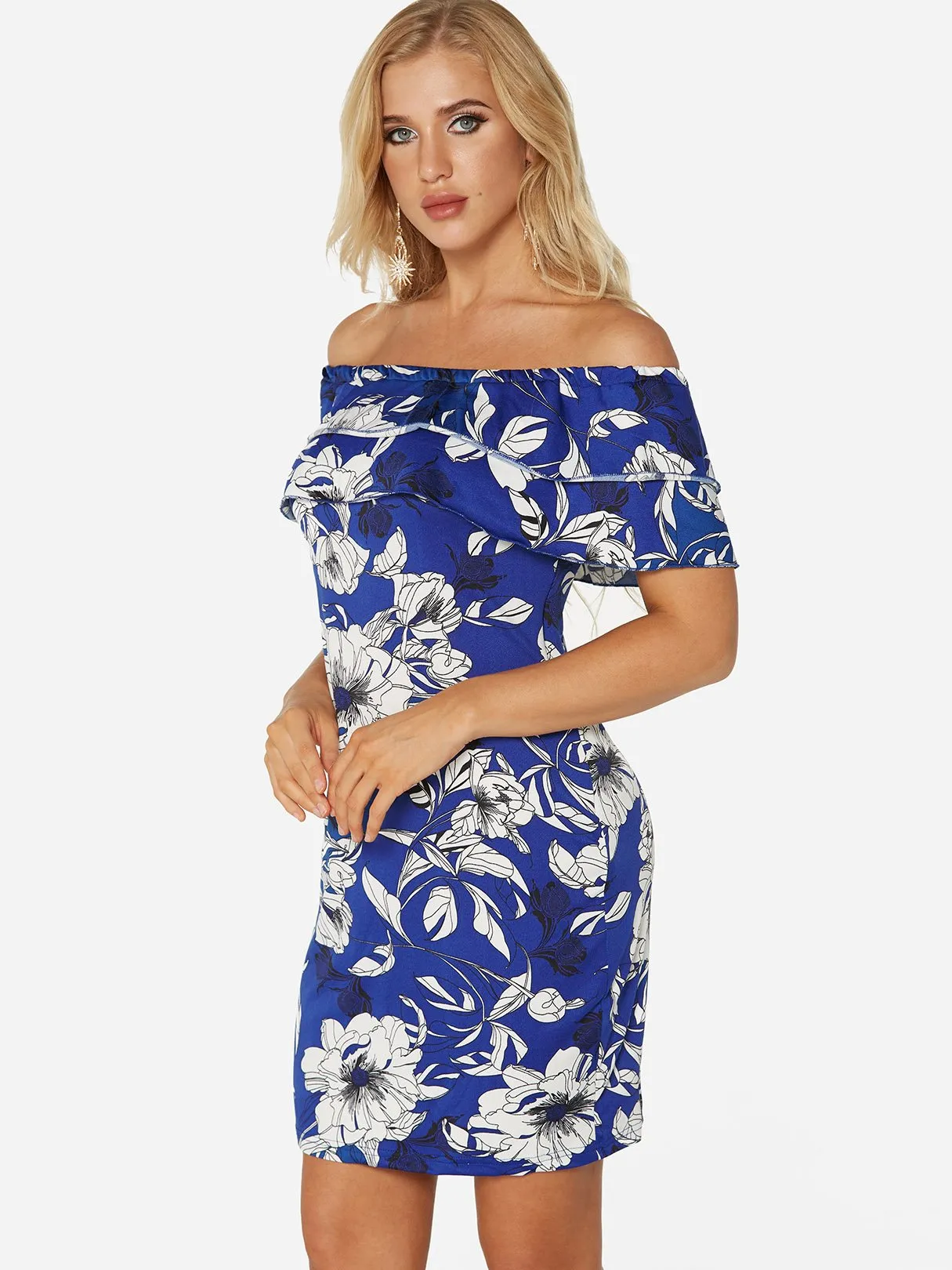 Wholesale Off The Shoulder Short Sleeve Floral Print Bodycon Dresses