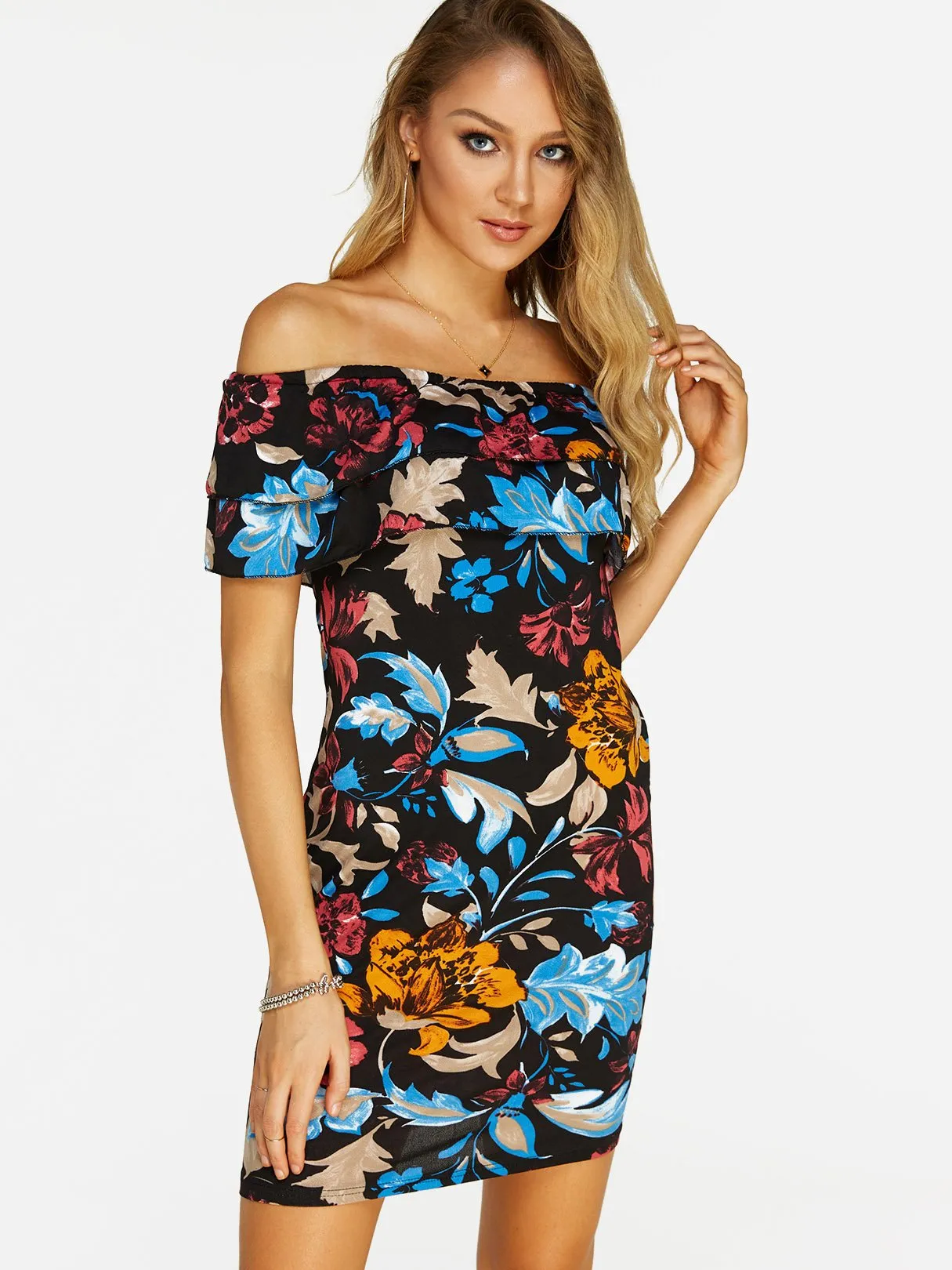 Wholesale Off The Shoulder Short Sleeve Floral Print Bodycon Dresses