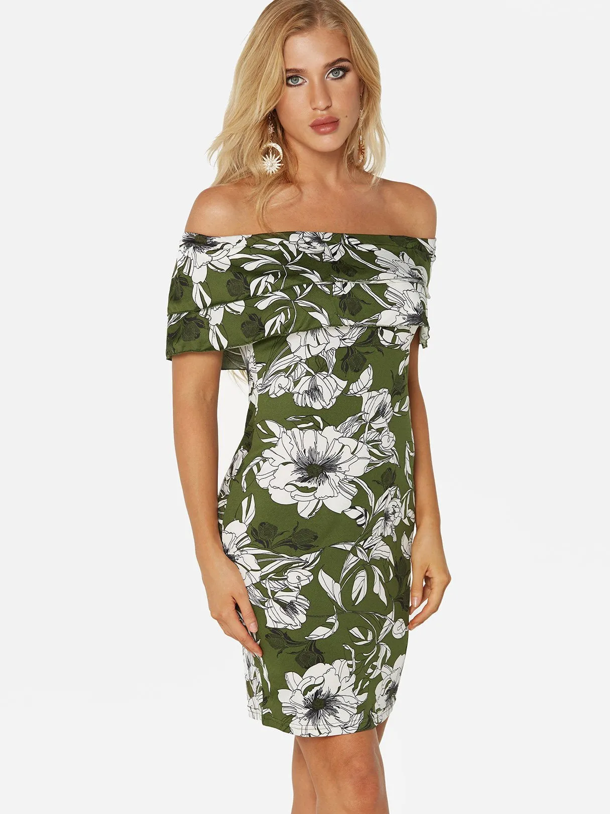 Wholesale Off The Shoulder Short Sleeve Floral Print Bodycon Dresses