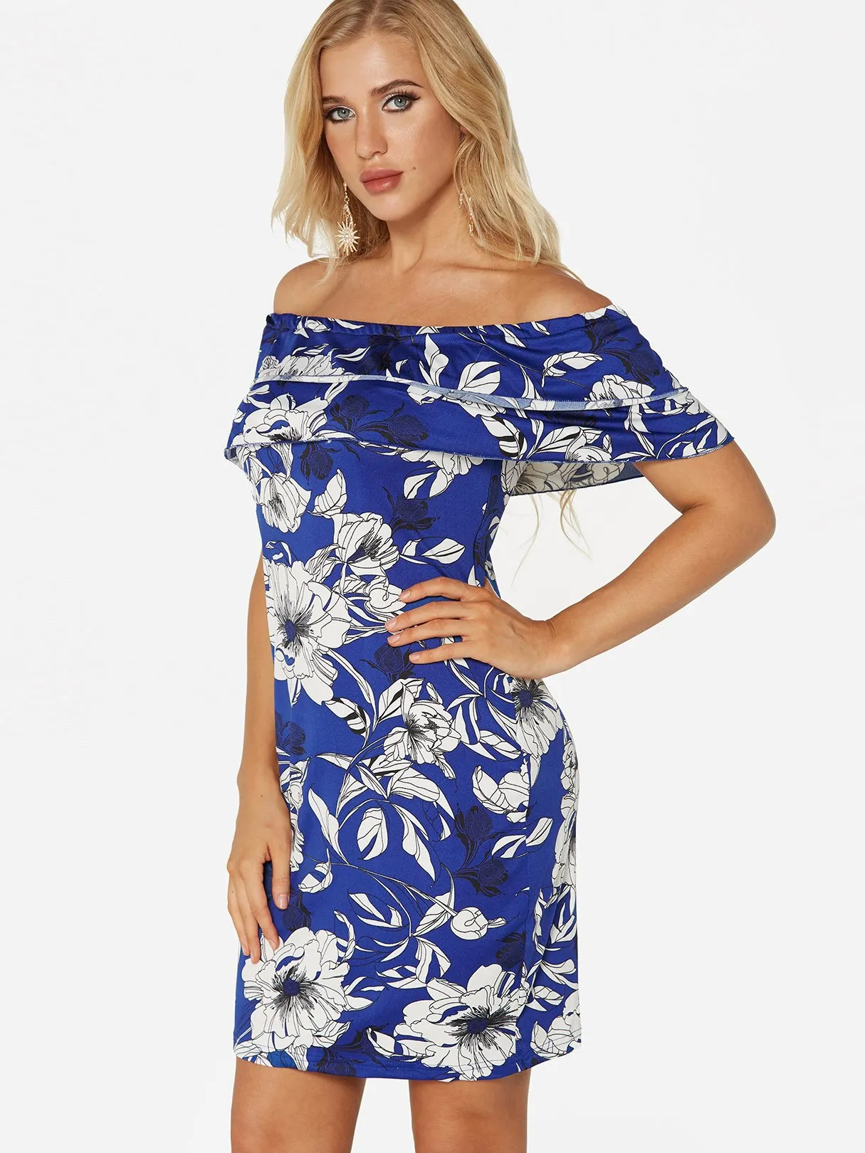 Wholesale Off The Shoulder Short Sleeve Floral Print Bodycon Dresses