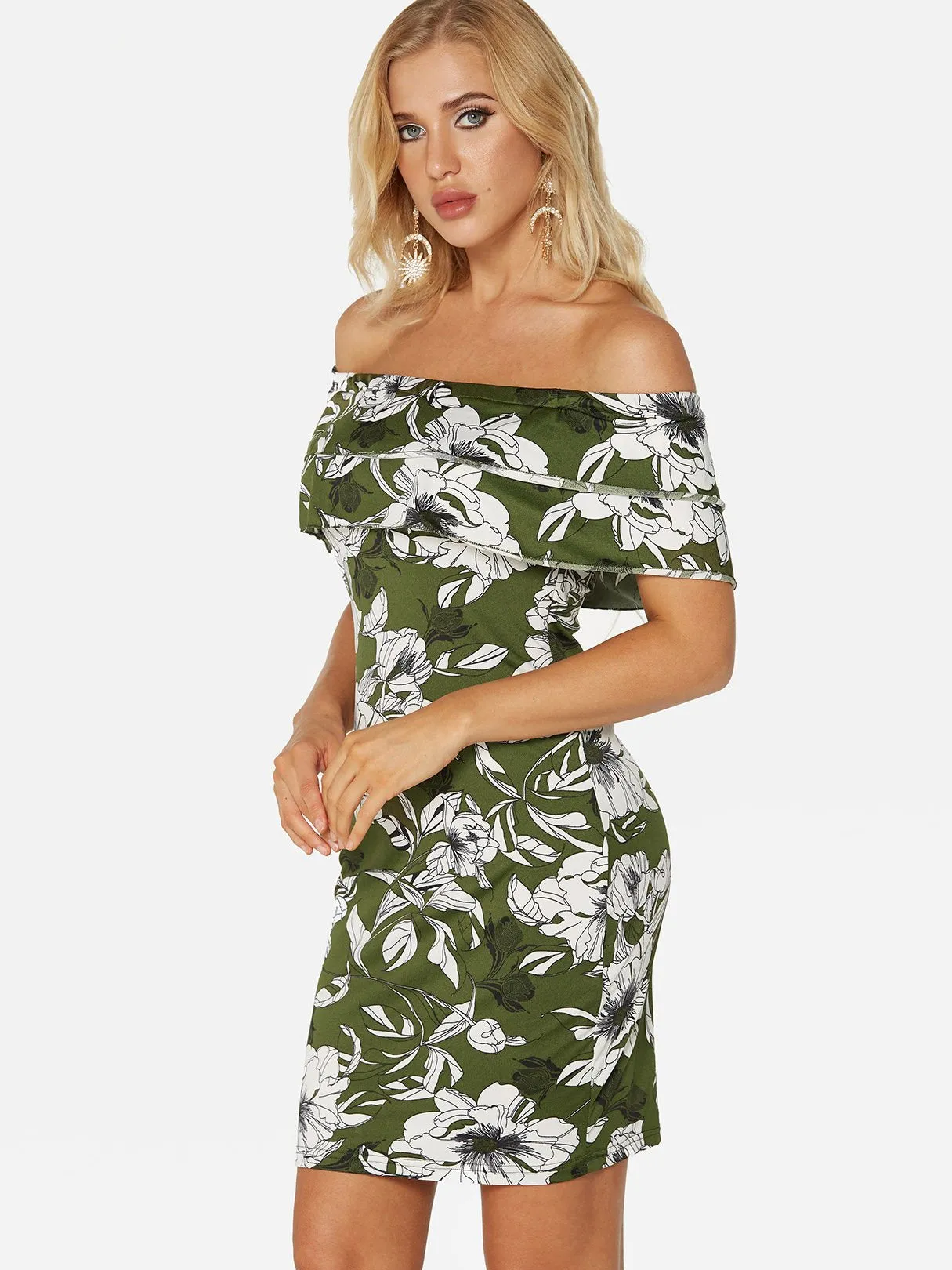 Wholesale Off The Shoulder Short Sleeve Floral Print Bodycon Dresses