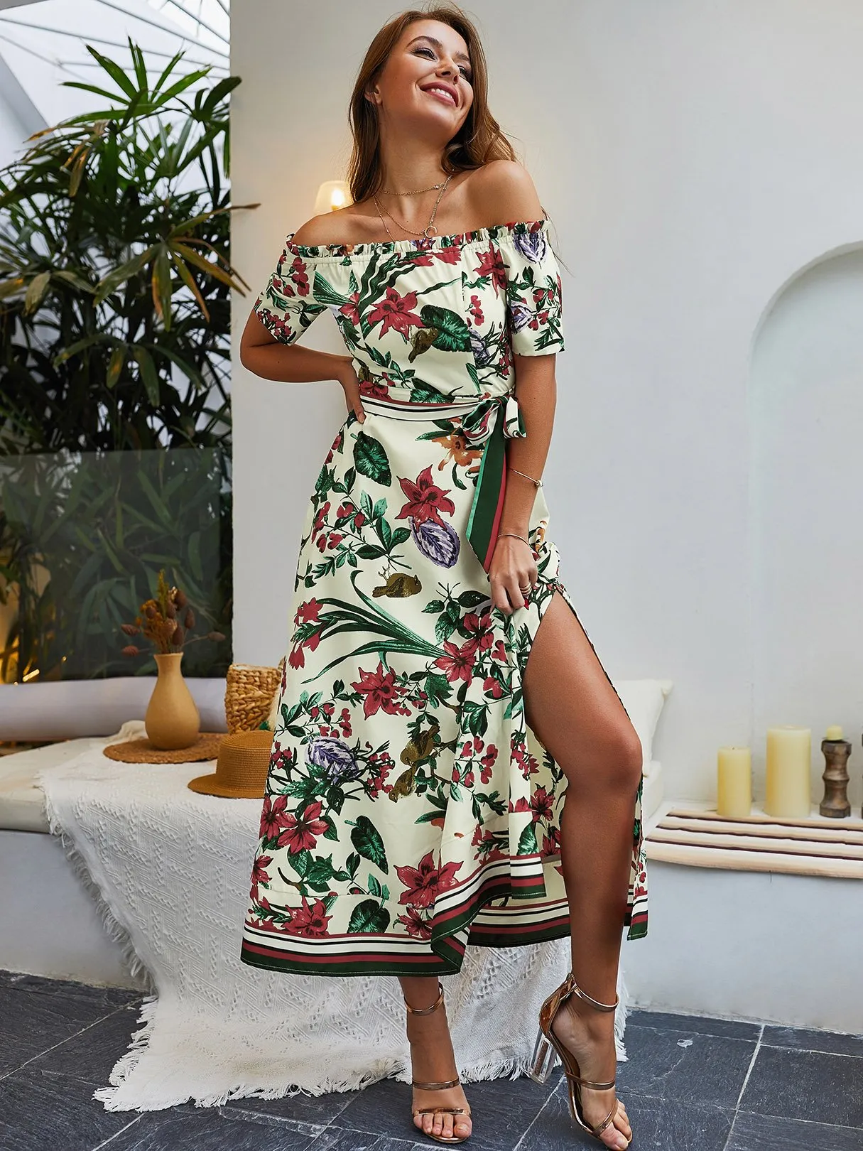 Wholesale Off The Shoulder Short Sleeve Floral Print Self-Tie Slit Hem Dresses