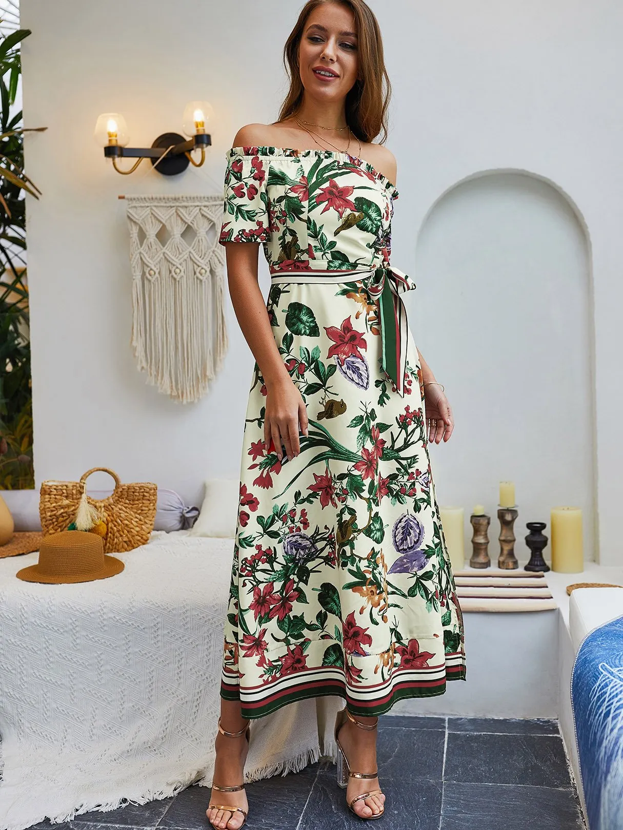 Wholesale Off The Shoulder Short Sleeve Floral Print Self-Tie Slit Hem Dresses