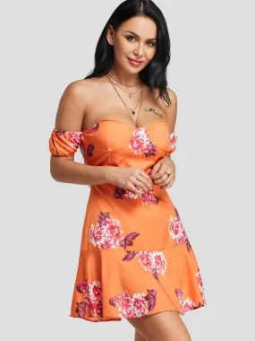 Wholesale Orange Strapless Short Sleeve Floral Print Flounced Hem Dresses