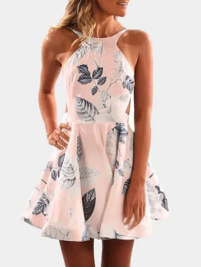 Wholesale Pink Sleeveless Floral Print Backless Dresses