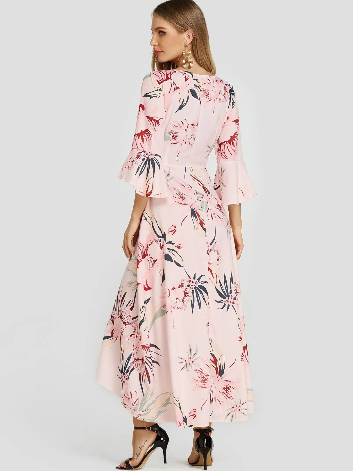 Wholesale Pink V-Neck Floral Print Self-Tie Wrap Slit Hem Dresses