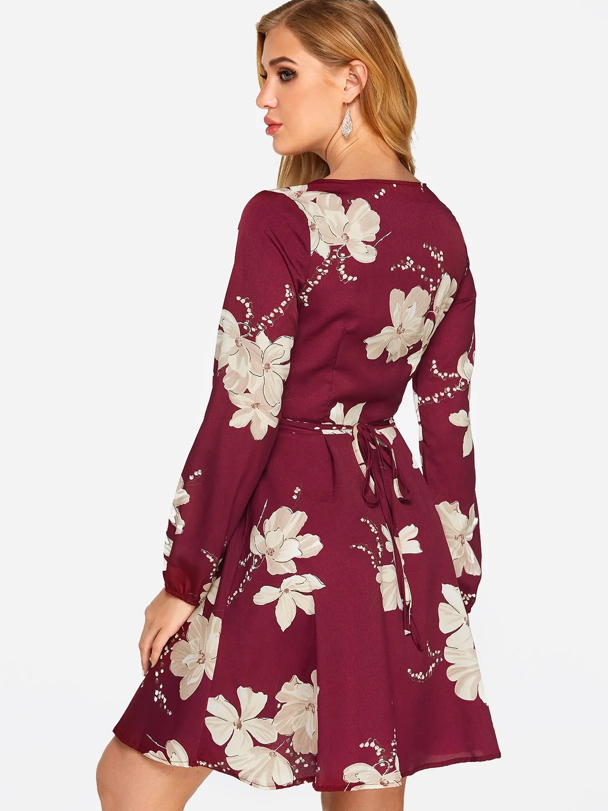 Wholesale Red Crossed Collar Deep V Neck Long Sleeve Floral Print Dresses