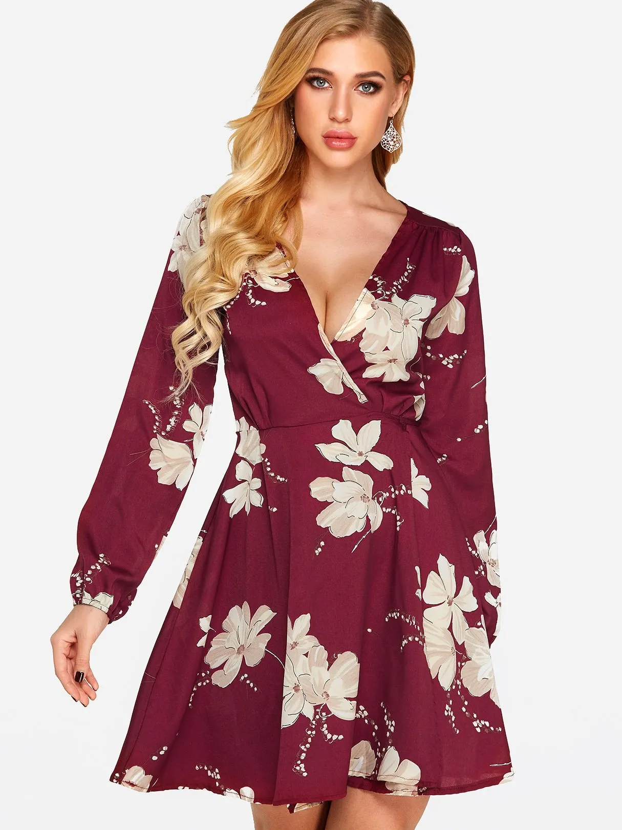 Wholesale Red Crossed Collar Deep V Neck Long Sleeve Floral Print Dresses