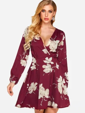 Wholesale Red Crossed Collar Deep V Neck Long Sleeve Floral Print Dresses