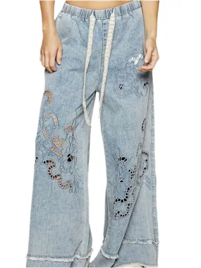 Wide lace blue jeans pants