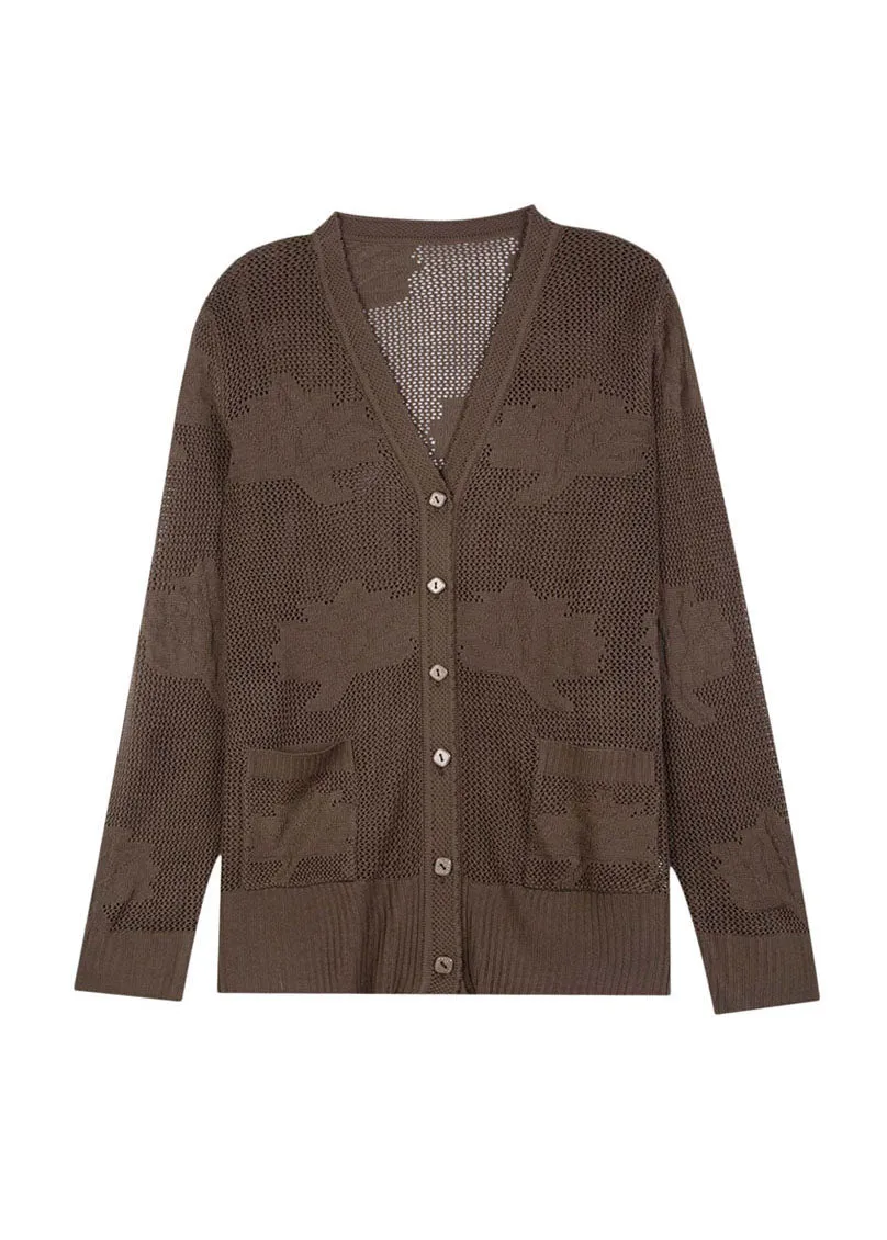 Women Khaki Hollow Out Embroideried Patchwork Thin Knit Cardigan Fall