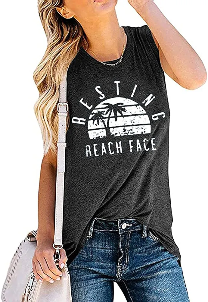 Women Resting Beach Face Tank Tops Summer Vibes Shirt