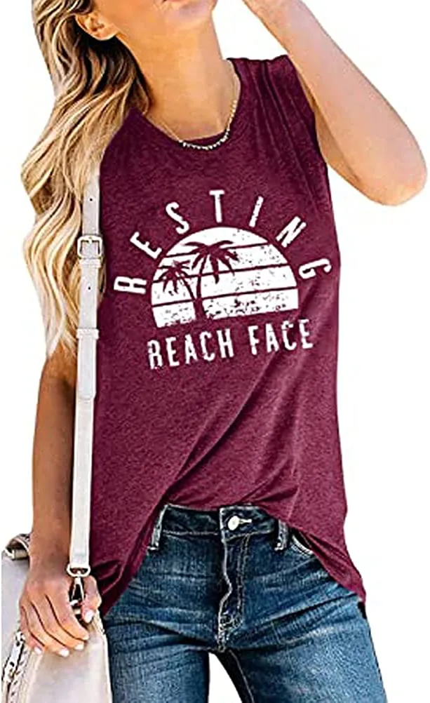 Women Resting Beach Face Tank Tops Summer Vibes Shirt