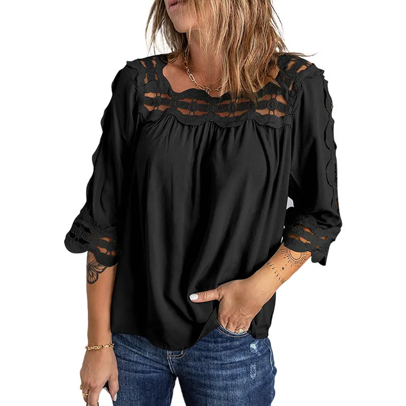 Women's Blouses Lace Panel Loose Half Sleeves Blouses