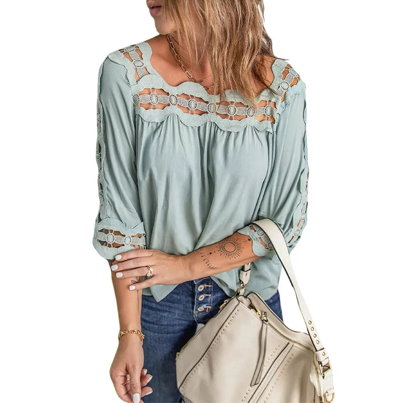 Women's Blouses Lace Panel Loose Half Sleeves Blouses